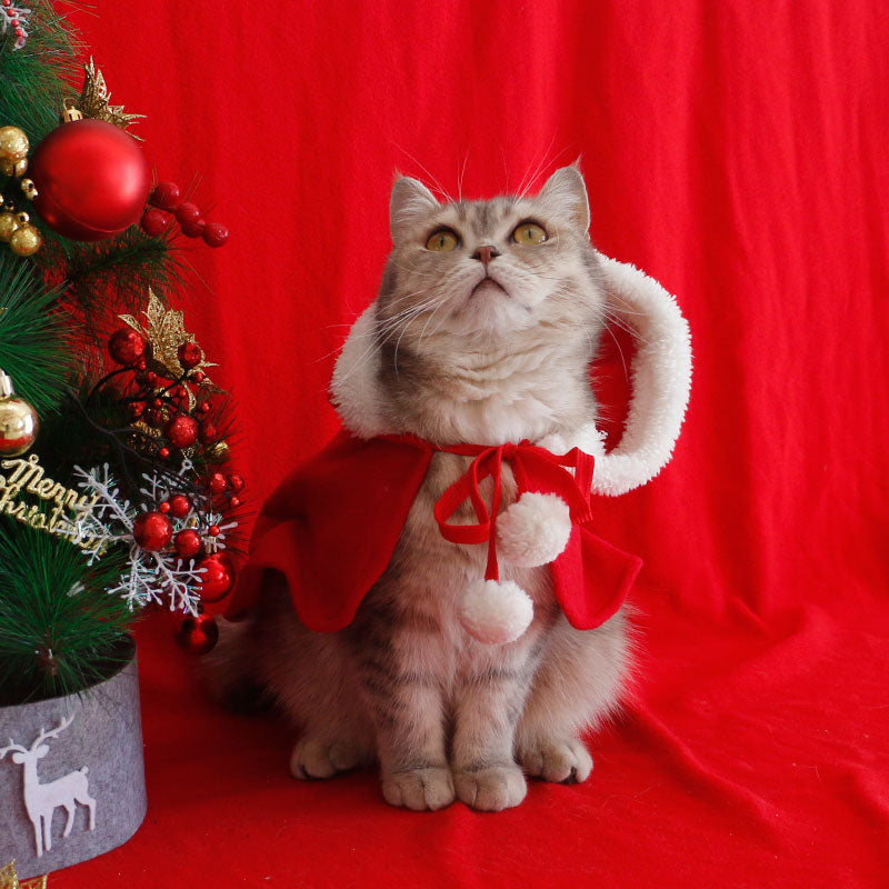 Christmas Pet Cloak with Hat Red Santa Poncho Cape for Cat and Puppy