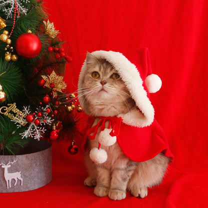 Christmas Pet Cloak with Hat Red Santa Poncho Cape for Cat and Puppy