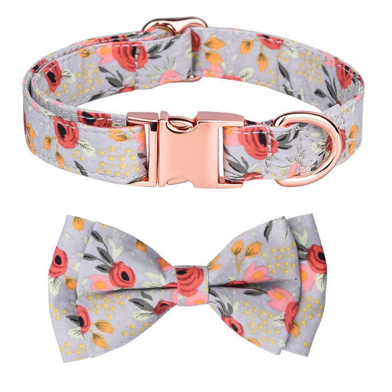 Gray Flower Dog Bow Tie & Collar